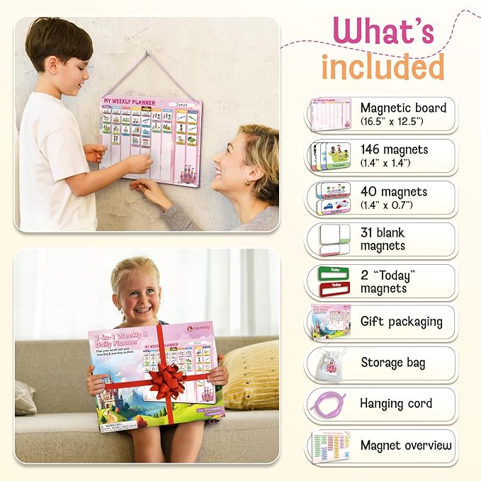 LIKARTO Visual Schedule for Kids - 2-in-1 Weekly + Daily Schedule - Magnetic Schedule with 188 Magnets and Magnetic Backing - Chore Chart Kids - Routine Chart for Toddlers, Autism, ADHD - Pink - Image 6