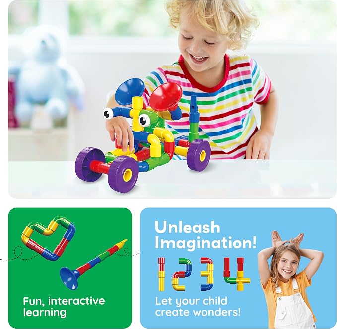 PicassoTiles PTT136 136pcs Tubular Pipes & Spout STEAM Interlocking Educational Building Block Set, Tube Locks, Pipeworks Construction Blocks w/Storage Container Box, Idea Book, Flute Musical Kit - Image 5