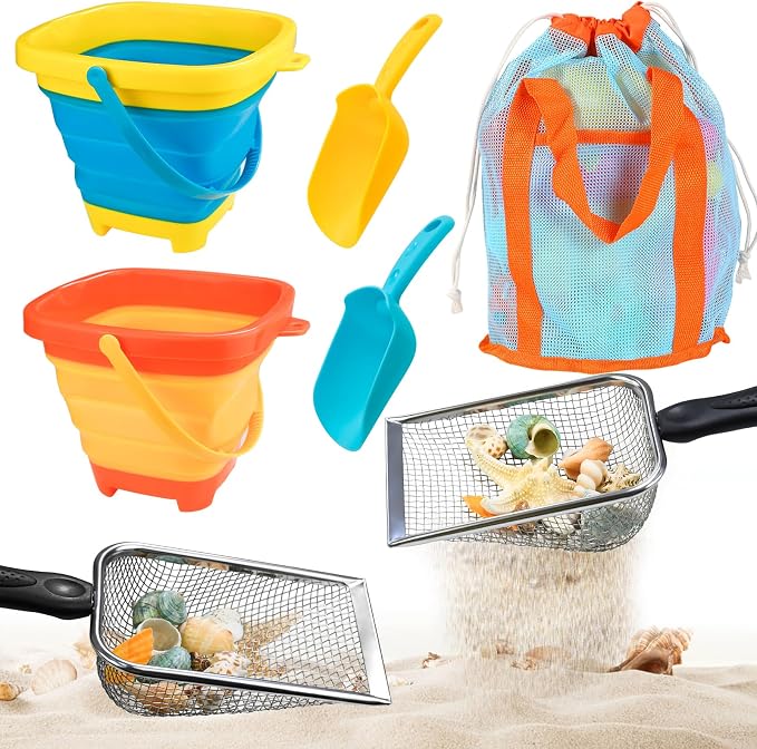 Beach Sand Toys with 2-Pack Collapsible Buckets & Shovels for Kids by QINGLER