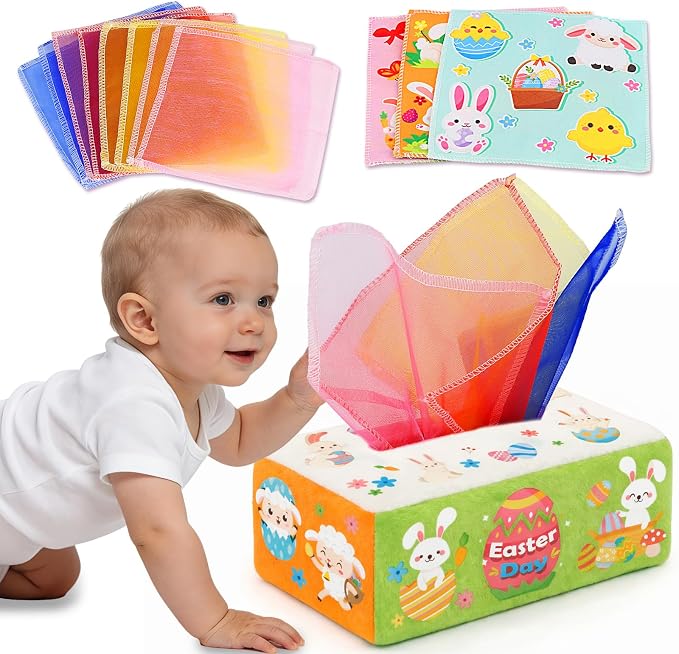 Easter Baby Toys - Easter Basket Stuffers for Babies 6-12 Months - Baby Tissue Box Toy Montessori Soft Stuffed Bunny High Contrast Crinkle Infant Sensory Toys 6 7 8 9 Months Easter Boy Girl Gifts by Aiduy