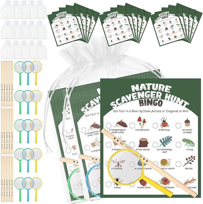 HyDren 45 Pcs 15 Set Nature Scavenger Hunt Game Kits, 15 Hunting Cards, 15 Magnifying Glass, 15 Pencils, 15 Organza Bags Family Camping Games Play for Nature Exploration Outdoor Activities Party Favor by HyDren