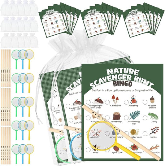 HyDren 45 Pcs 15 Set Nature Scavenger Hunt Game Kits, 15 Hunting Cards, 15 Magnifying Glass, 15 Pencils, 15 Organza Bags Family Camping Games Play for Nature Exploration Outdoor Activities Party Favor by HyDren