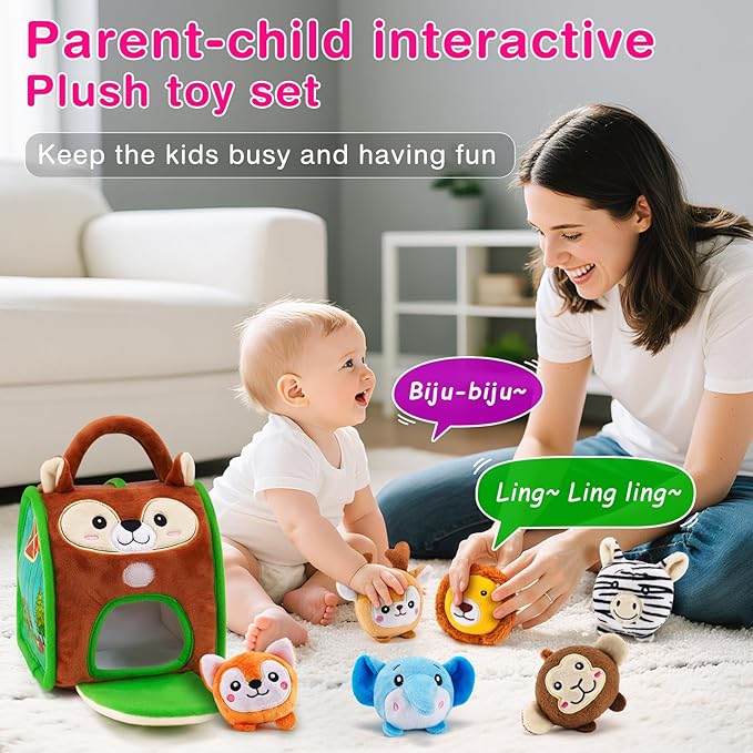 Montessori Sensory Toys for Babies 6-12 Months & Toddlers 1-3 Year Old - Educational Stuffed Animal Set with Rattle, Crinkle & Safe Mirror for Baby Kids & Boy Girl