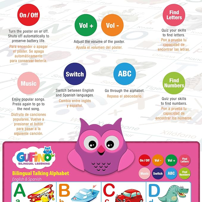 Gufino Alphabet Wall Chart - Bilingual Toys with Interactive Touch Buttons for Independent & Guided Learning - Ideal for Preschool Learning Activities & Spanish Classroom Supplies. - Image 6