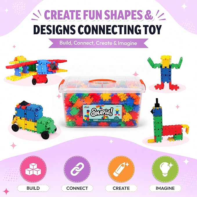 Snapid Building Bricks 1000 Pcs Connecting Toy - Strong Durable Colorful Block Set w Storage, Interlinking Construction Blocks for Kids - STEM Development, Creativity and Educational Children Toys, 4+ - Image 2