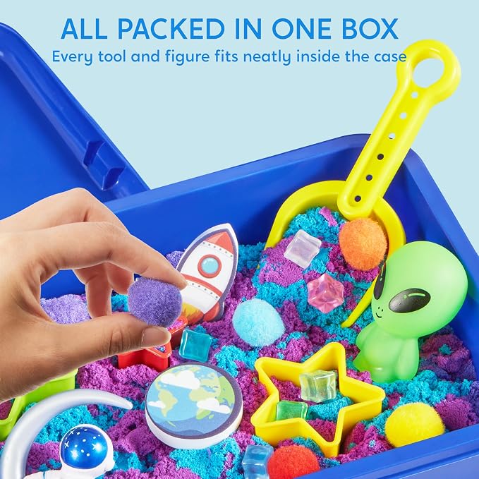 JOVA Klever Kits Outer Space Sensory Bin for Kids with Glow in The Dark Alien and Rocks, Sandbox with Lid Dual-Color Sand, Preschool Learning Activities Gifts for Boys Girls Age 3+ - Image 7