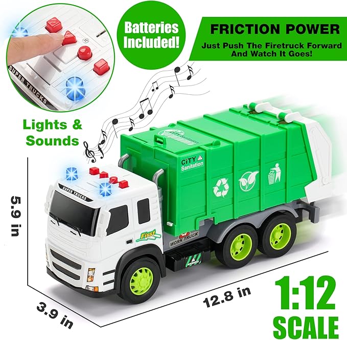 MOBIUS Toys Garbage Truck – Large 1:12 Scale Recycling Truck with Lights, Sounds & Moving Parts – Durable BPA-Free Trash Truck for Kids Ages 3–7 – Educational Toy, Gift Box