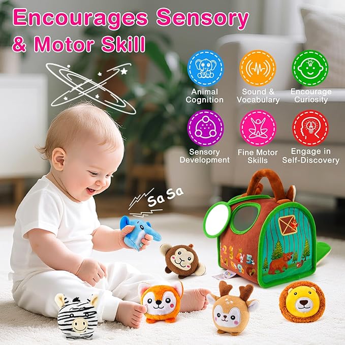 Montessori Sensory Toys for Babies 6-12 Months & Toddlers 1-3 Year Old - Educational Stuffed Animal Set with Rattle, Crinkle & Safe Mirror for Baby Kids & Boy Girl