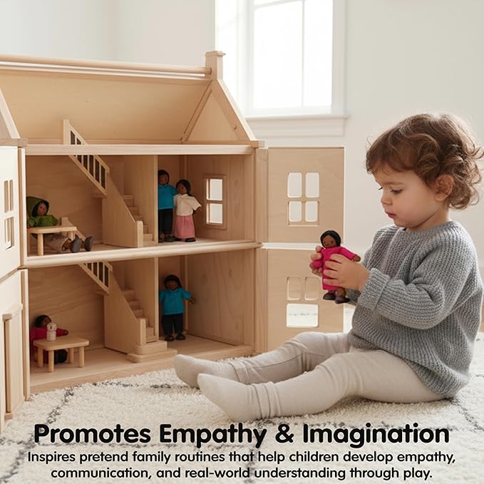 PlanToys® Wooden Dollhouse Family Set – Medium Skin Tone | Father, Mother, Son & Daughter Poseable Figurines | 1:12 Scale Wooden Dollhouse Accessories for Pretend Play