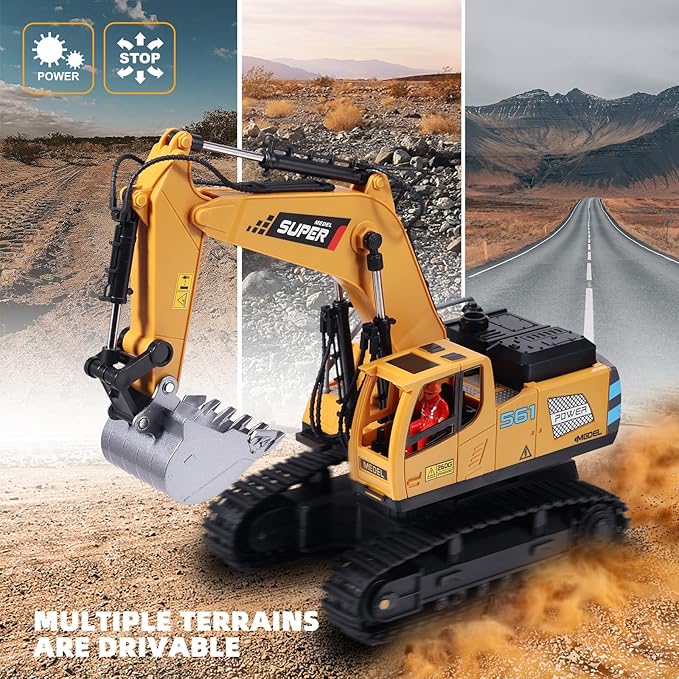 Remote Control Excavator Toys for Boys,16 Channel RC Excavator Construction Toys with Metal Shovel & Light,Simulated Smoke,Christmas Birthday Gift Toy for Boys 3-5 4-7 8-12 Year Old Kids