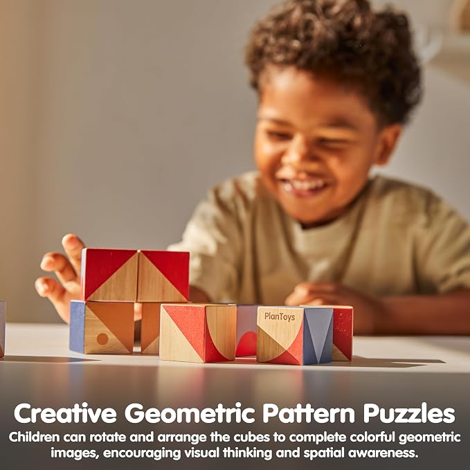 PlanToys® Wooden Geo Pattern Cubes Montessori Puzzle Kids STEM Learning Toy - Image 5