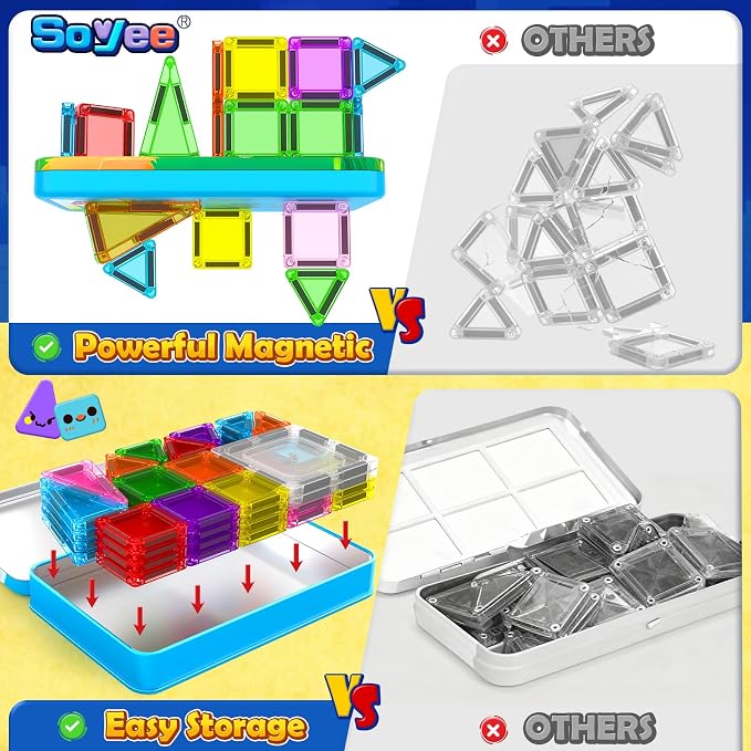 Soyee Mini Travel Magnetic Tiles 60PCS with Metal Tin Case Toddler Kids Toys Travel Essentials, Toddler Travel Toys Portable STEM Building Blocks Compatibility with Regular Size Magnetic Tiles - Image 7