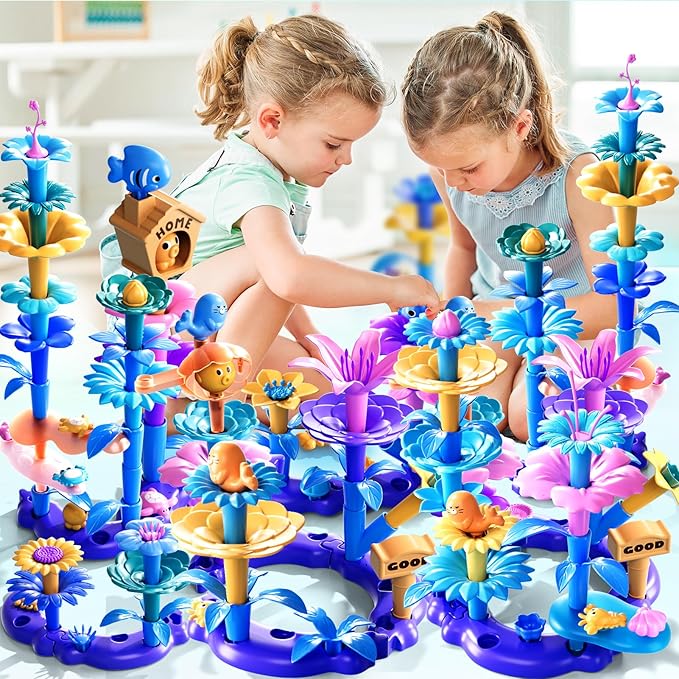 155 Pcs 3 Year Old Girl Gifts,Flower Garden Building Toy Set Toddlers Toys Gifts Best Educational Learning Fine DIY Crafts Stem Construction Stacking Kit,for 3 4 5 6 7 Year Kids Birthday