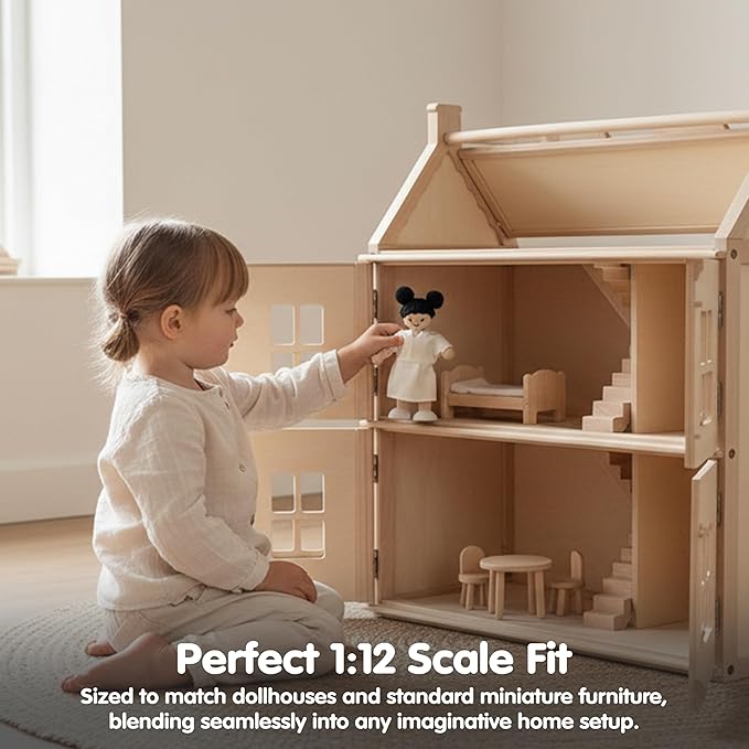 PlanToys® Wooden Girl Dollhouse Figure - Fair Skin Tone | Poseable 1:12 Scale Dollhouse People | Montessori Pretend Play Doll with Bendable Arms & Legs | Eco-Friendly Wooden Figurine for Kids
