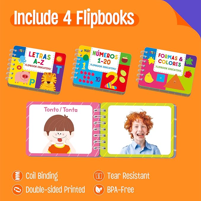 4 Spanish Learning Flipbooks, Double-Sided Printed Mini Book Set, Alphabet A-Z, Number 1-20, Feelings and Emotions, Shapes and Colors Mini Board Books Set, Early Educational Tool for Kids - Image 2