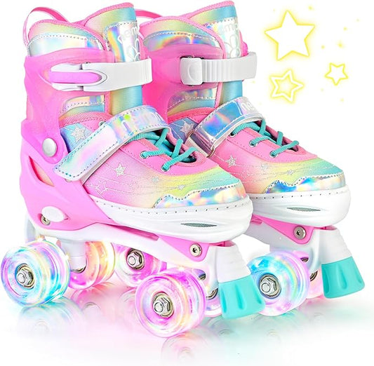 NEMONE Mermaid 4 Size Adjustable Light up Roller Skates for Girls, Purple Blue Skates for Toddlers, Beginner Kids Butterfly Roller Skates Indoor Outdoor