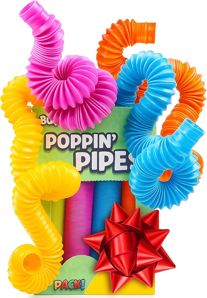 BUNMO Stocking Stuffers for Kids - Pop Tubes - Sensory Toys - Toddler Toys - Imaginative Play & Stimulating Creative Learning - Stocking Stuffers for Toddlers - 4 Pack Large