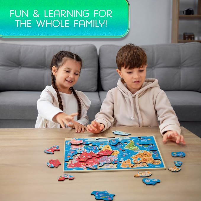 Montessori Mama World Map Wooden Puzzle, Continents and Oceans Puzzles for Kids Ages 4-6. Perfect Educational Toys for 4 Year Old Including Global Landmarks, Animals and Marine Life - Image 5