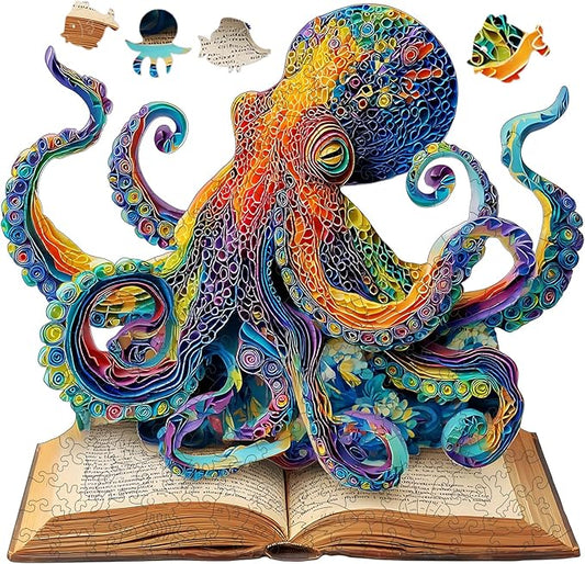 Reouinty Wooden Puzzles for Adults, Octopus Book Jigsaw Puzzles 200 Pieces, Unique Shape Animal Adult Puzzles, Irregular Wood Best Gift for Adults Family Game(11.4 * 10.9 in)