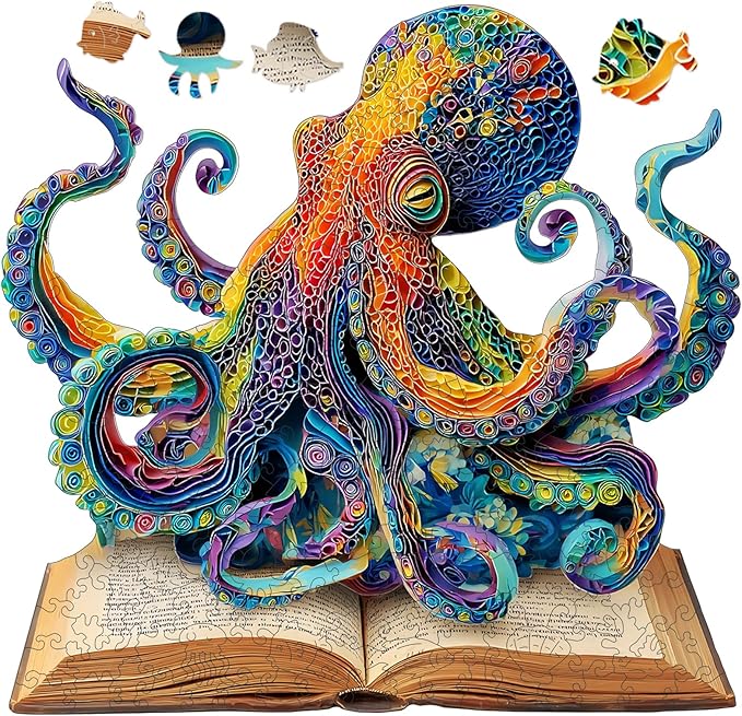 Reouinty Wooden Puzzle for Adults 500 Pieces, Octopus Book Jigsaw Puzzles, Unique Shape Animal Adult Puzzles, Irregular Wood Best Gift for Adults Family Game(16.8 * 16.1 in)