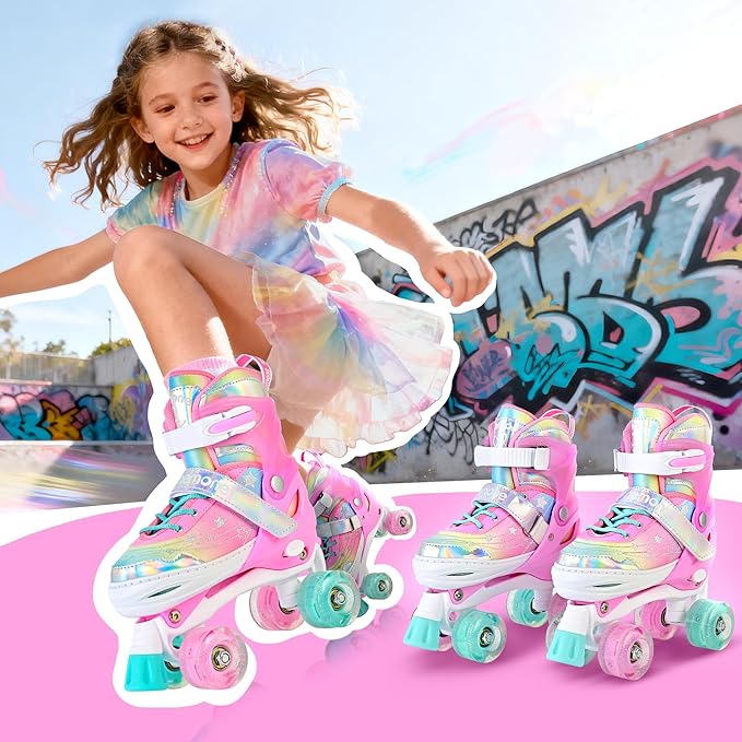 NEMONE Mermaid 4 Size Adjustable Light up Roller Skates for Girls, Purple Blue Skates for Toddlers, Beginner Kids Butterfly Roller Skates Indoor Outdoor