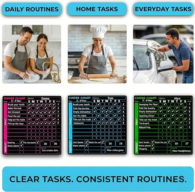 3 Pcs Blackboard Chore Chart Set - Pocket Charts Dry Erase Chore Chart for Multiple Users, Teens & Adults. Fridge Magnetic Blackboard Set, 3 Individual Charts (10"x10" Each) & 8 Fine Tip Markers - Image 6