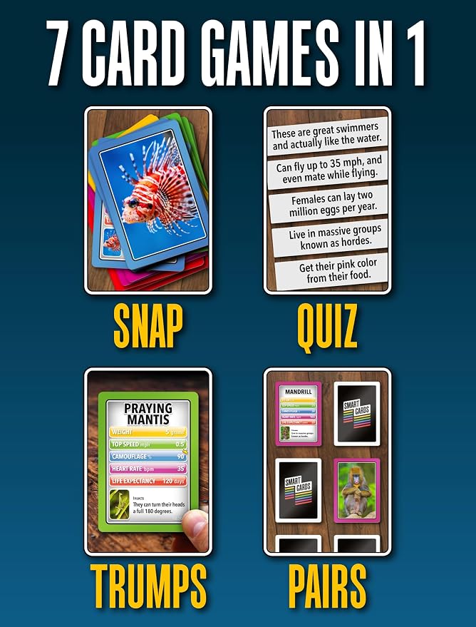 SMART Cards Animals, Gift, Stocking Stuffer, Travel Card Game, 100 Cards of Animals, 7 Games in 1, Pairs, Snap, Trumps, Rummy, Quiz, Facinating Facts, Age 5+, 1-8 Players - Image 4