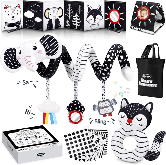 Joyreal High Contrast Baby Toys for Newborn, Black and White Baby Sensory Toys with Car Seat Toys,Infant Toys with Black White Cards Book, Montessori Toys for Baby Gifts (Elephant Theme) by Joyreal