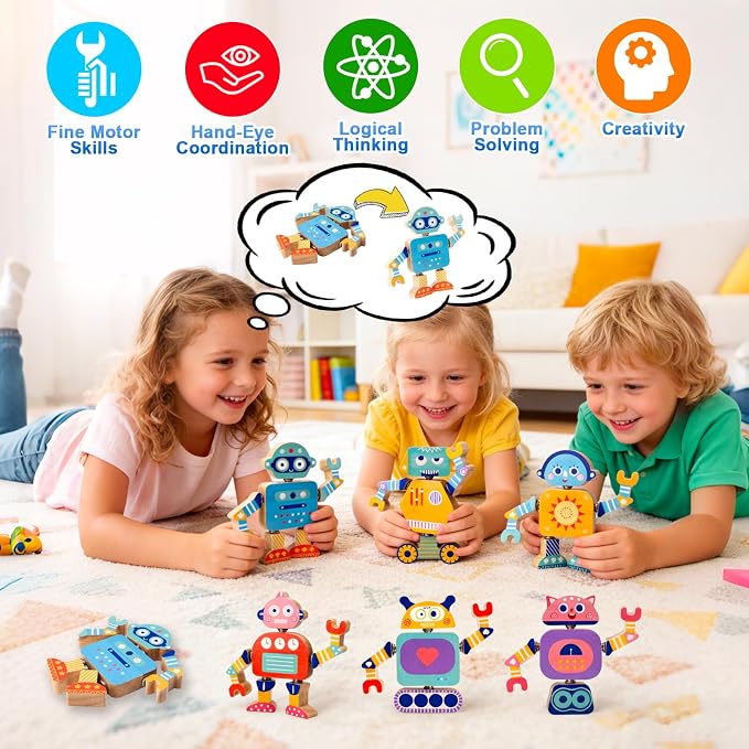 33-Piece Wooden Snap-Together Take-Apart Robot Building Blocks for Kids 3-6 - Image 2