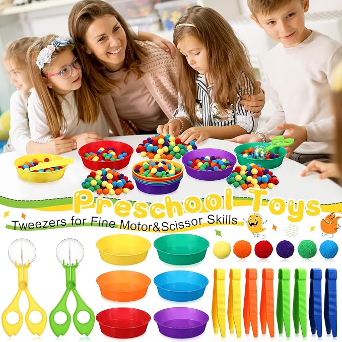 Zhanmai 142 Pcs Fine Motor Skills Toys Handy Scooper Set Sensory Bin Filler 12 Sorting Bowls 8 Tweezers 2 Scissors Clips 120 Plush Balls for Early Education and Sorting Counting Training Development - Image 5