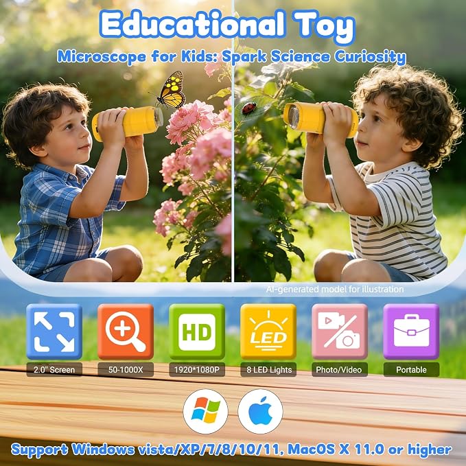 1000X Handheld Microscope for Kids: Pocket Digital Microscope with 2.0''IPS Screen&Photo/Video - Portable Edu Science Kits for Girls Boys - STEM Toys Birthday Gifts Ages 3-6 6-12(Orange) - Image 2