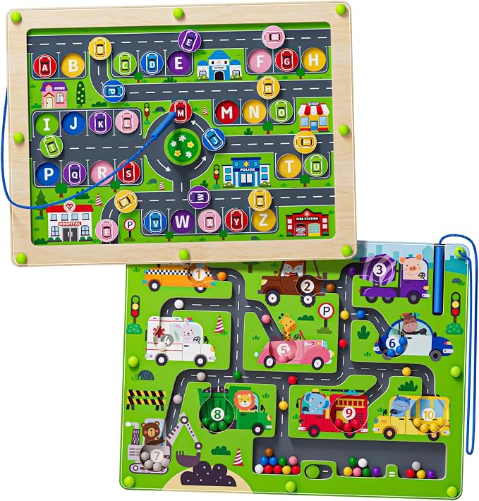 2 in 1 Magnetic Color and Number Maze Double-Sided ABC Alphabet Puzzles Board Magnet Dinosaur Counting Maze Preschool Learning Montessori Education 3 4 5 Years Toys (Car, One Size) by UMEREACT