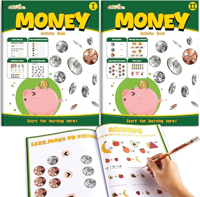 chiazllta Money Activity Workbook Set of 2 Coin Recognition and Counting Practice Workbook Pennies Nickels Dimes Quarters Dollars Full Color Money Skills Practice Book by chiazllta