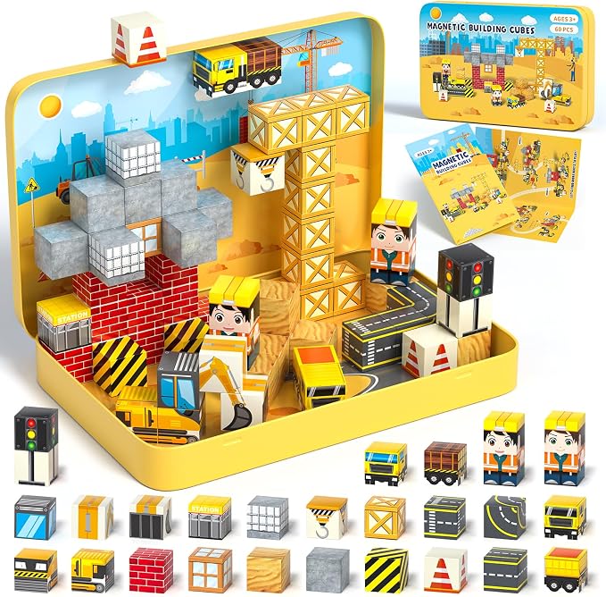 Axirata 60PCS Mini Magnetic Blocks Travel Set for Kids, Mini Magnetic Tiles Building Cubes with Portable Iron Box, STEM Construction Sensory Toy for Toddler Boys Girls Age 3-5 4-8 8-12+ by Axirata
