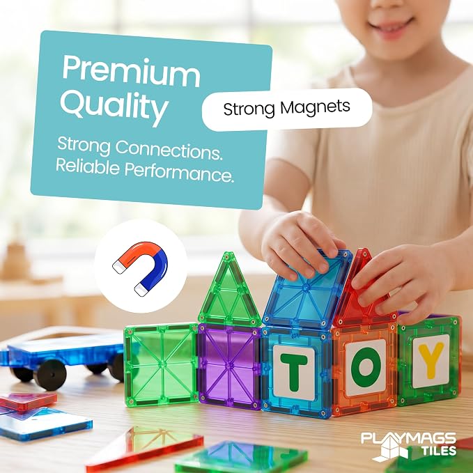 Playmags Magnetic Tiles for Kids 100-Piece Set, STEM Educational Building Blocks Toys for Kids, Includes Click-in ABC Learning Tiles, Gift for Boys & Girls, Add on Magnetic Figures, Car Set Available - Image 6