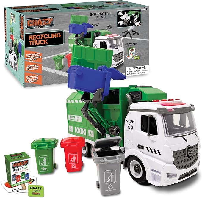 Crazy Truck 1:16 Scale Recycling Garbage Truck Toy with Lights & Sounds, 4 Recycle Cans, 40 Flash Cards, Tools – DIY Take-Apart for Kids – Realistic Mechanical Arm for Lift & Dump Trash Play