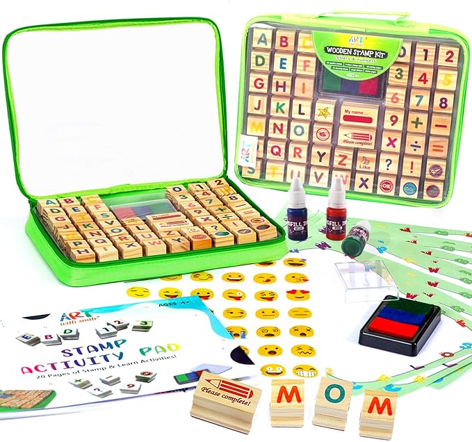 Wooden Large Stamp Premium Set for Kids. 72 Pcs Alphabet Stamps. Letters, Numbers, 3-Color Washable Ink Pad, 3 Refill Bottles, Activity Book. Ideal Creativity Kit