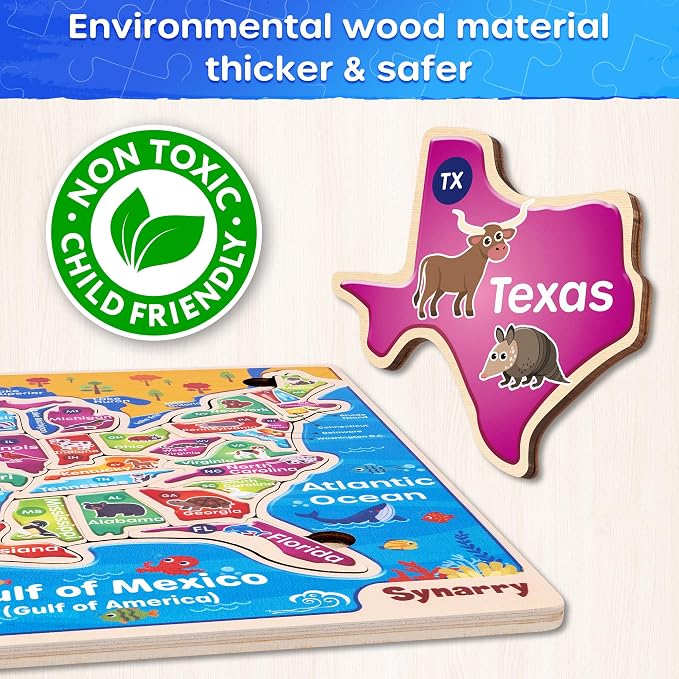 SYNARRY Large USA Wooden Puzzles for Kids Ages 3-5, Learning United States Map Puzles for Kids Ages 4-6, Wood Jigsaw Puzzles Educational Games Toys Gifts for Boys Girls Ages 3-8 - Image 4