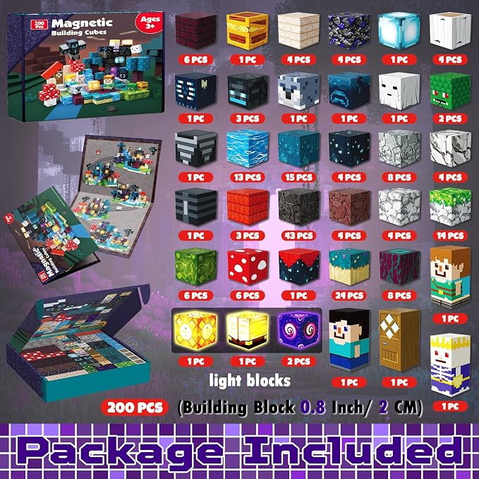 200 PCS Magnetic Blocks - Light Up Magnetic Building Blocks for Kids, Magnet Cubes Stacking for Boys Girls, STEM Montessori Sensory Toys Ages 3 4 5 6 7 8 9 10 11 12 13 Birthday Gifts - Image 2