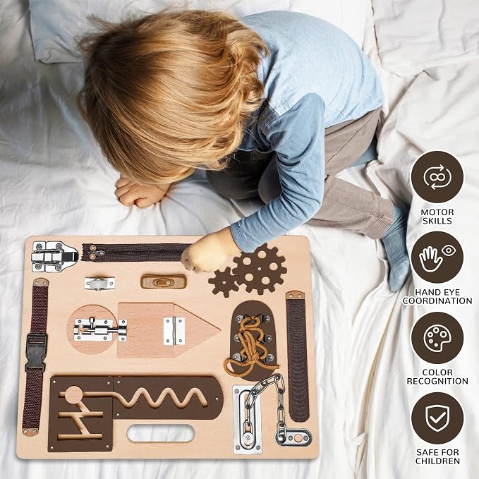 Montessori Busy Board for Toddlers, Wooden Sensory Toys, Preschool Learning Activities for Fine Motor Skills Travel Toy, Basic Life Skills Educational Gifts for 1, 2, 3 Years Old Kids Boys Girls - Image 4