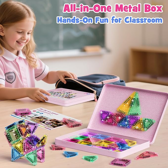 WMXDU 42-Piece Glitter Magnetic Tiles Travel Set with Pink Metal Box - Portable STEM Building Blocks for Kids Ages 3-8 Boys & Girls STEM Montessori Educational Toys for Airplane Car Rides - Image 4