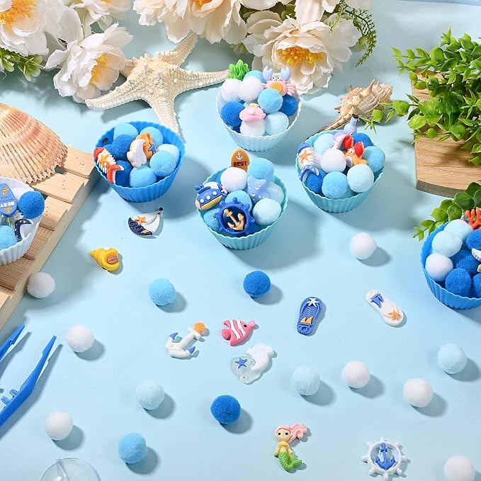 Sanixin 168 Pcs Ocean Sensory Bin Fillers Sea Animal Fine Motor Skills Summer Sensory Bin Item Pompoms Cups Tweezers Scissor Clips for Preschool Education Activities Sorting Counting (Sea) - Image 5