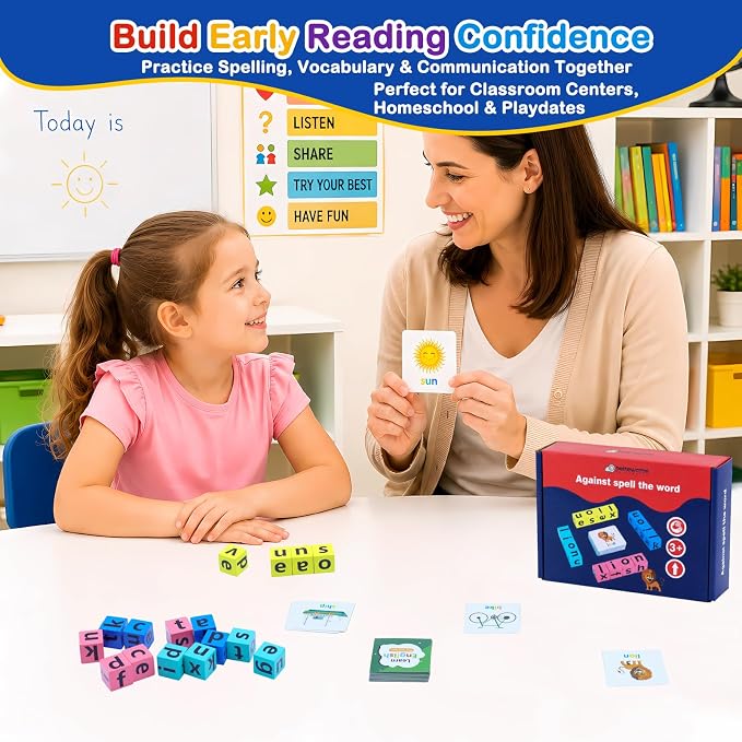 Spelling Games for Kids Ages 3-8, Learn to Read Phonics & Word Building Game with 40 Flash Cards, 16 Wooden Letter Blocks for Screen-Free Family Fun & Preschool Classroom Learning - Image 2