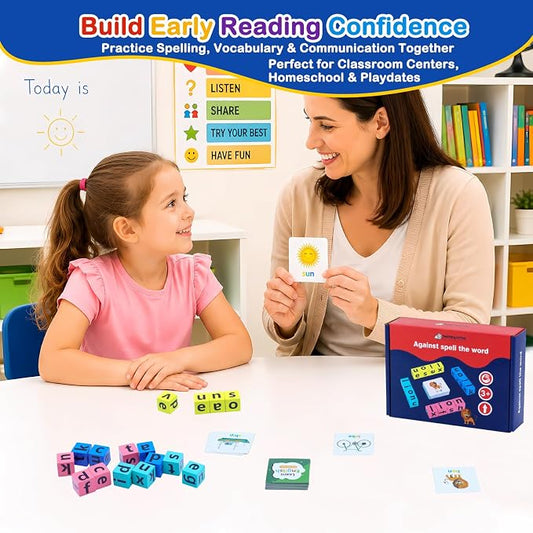 Spelling Games for Kids Ages 3-8, Learn to Read Phonics & Word Building Game with 40 Flash Cards, 16 Wooden Letter Blocks for Screen-Free Family Fun & Preschool Classroom Learning - Image 2