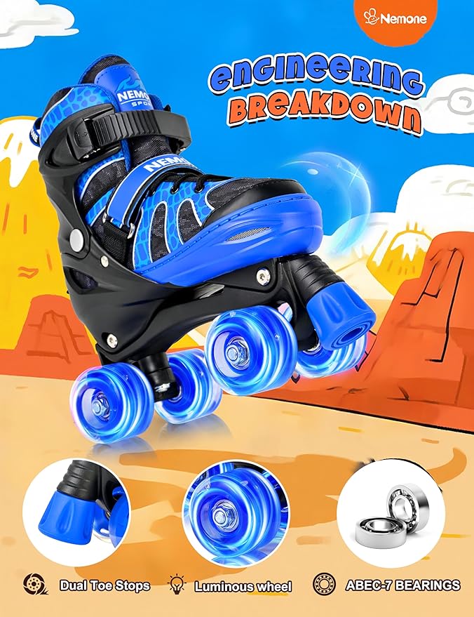 NEMONE Mermaid 4 Size Adjustable Light up Roller Skates for Girls, Purple Blue Skates for Toddlers, Beginner Kids Butterfly Roller Skates Indoor Outdoor