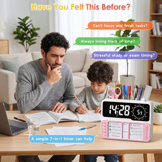 7-in-1 Visual ADHD Timer for Kids with Chore Chart Board, ADHD Tools Schedule for Kids with Autism, Alarm, Countdown, Date, Temperature, Storage, Daily Checklist for Home/School/Classroom/Desk(Pink) - Image 3
