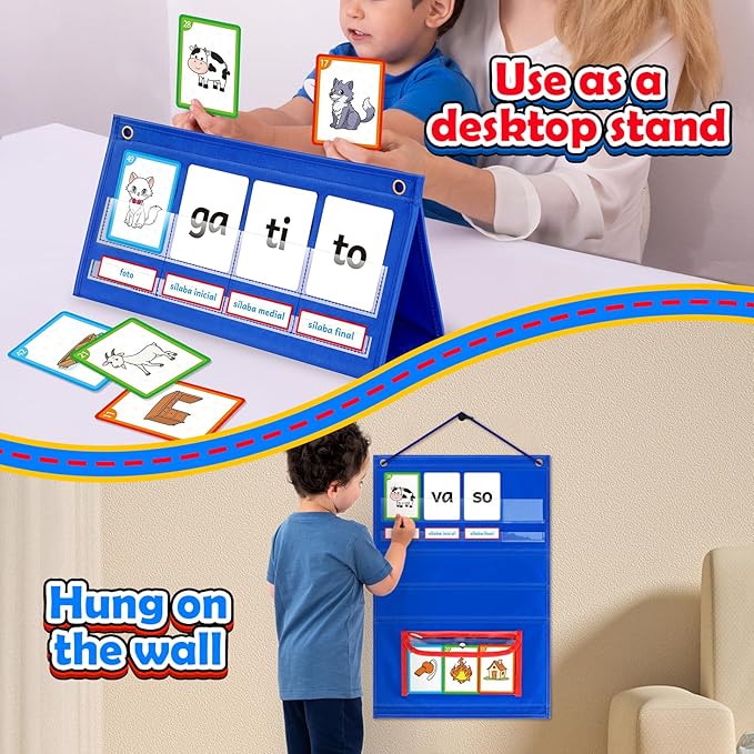 Spanish Learning Word Building Pocket Chart for Kids, Spanish Vocabulary Games Toddler Flash Cards Sight Words Flashcards Languages Spelling Reading Phonics Games for Kindergarten Preschool - Image 3