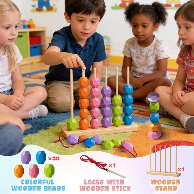 4-in-1 Wooden Bead Sequencing Sorting Toy for Toddler 3+ - Image 6