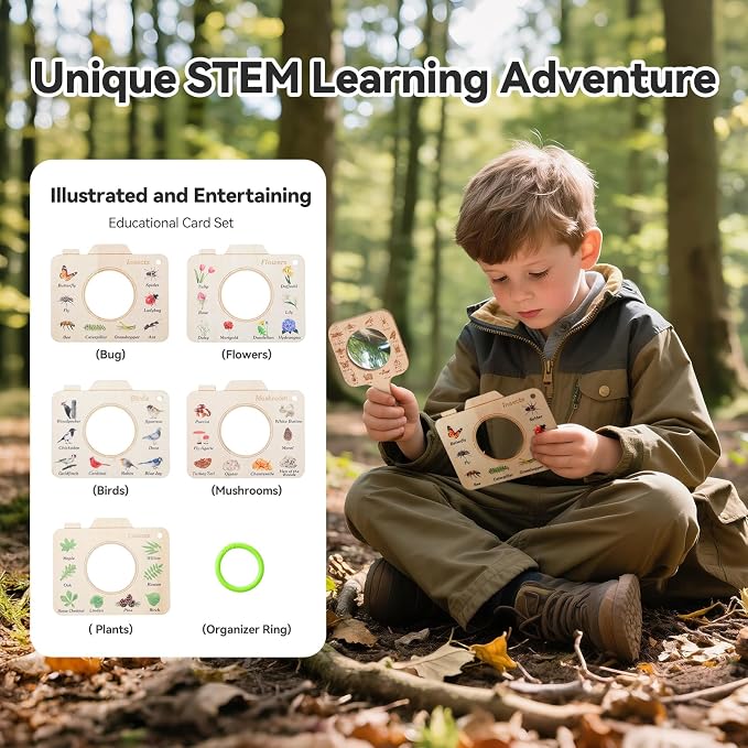 Magnifying Glass for Kids Wooden Montessori Educational Explore Toy Magnifying Glasses and Wood Bug Cards for Outdoor Adventure Birthday Gift for Boys Girls Ages 3+ - Image 2
