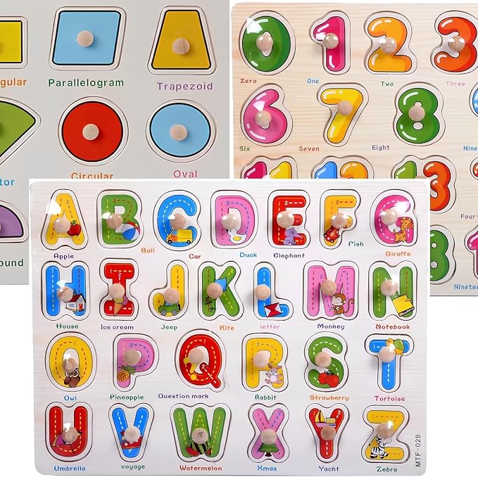 Montessori Alphabet, Number & Shape Wooden Puzzle Set – 3‑in‑1 Learning Toys for Toddlers, ABC 123 Shapes Educational Gift by Unknown